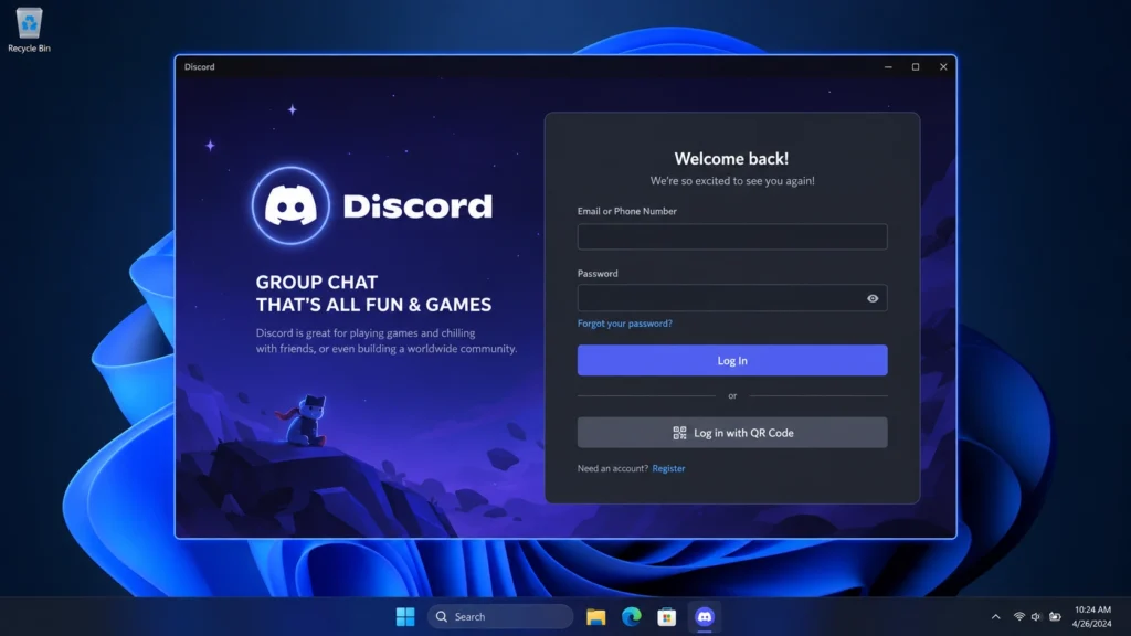 первый запуск Discord в Windows с экраном входа