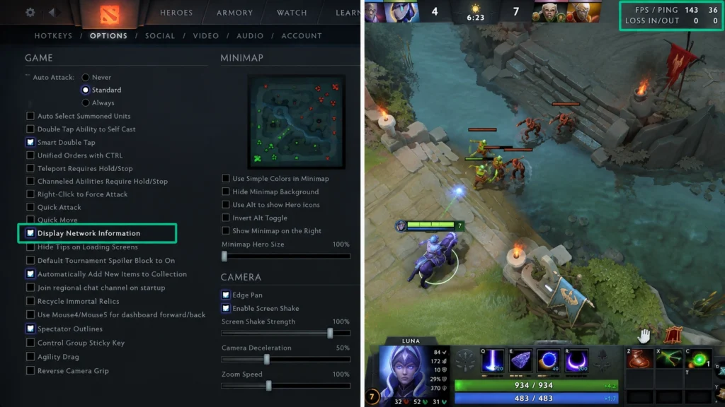 Настройка Display Network Information в Dota 2