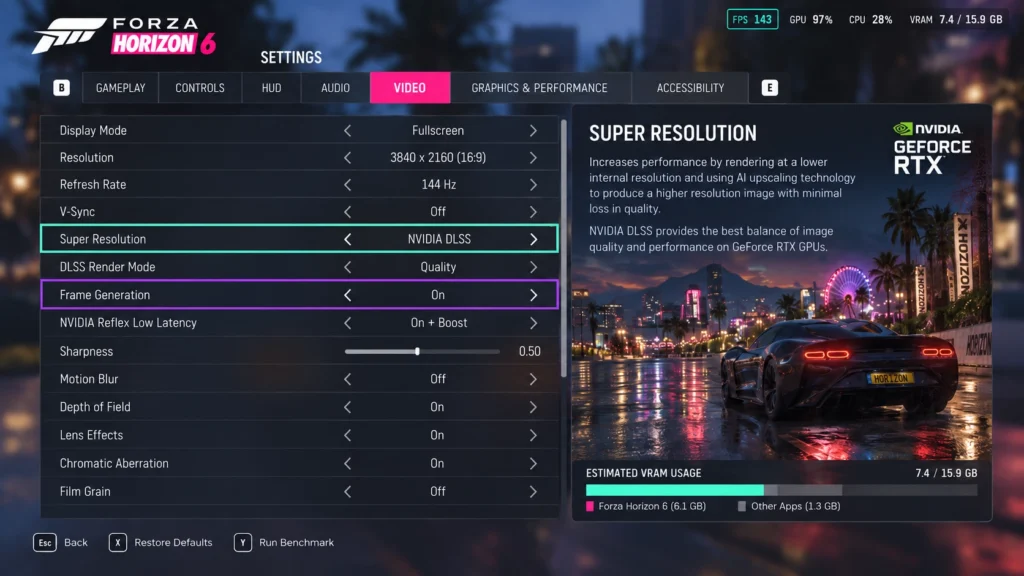 Настройки Super Resolution, режима Quality и Frame Generation в Forza Horizon 6 на ПК