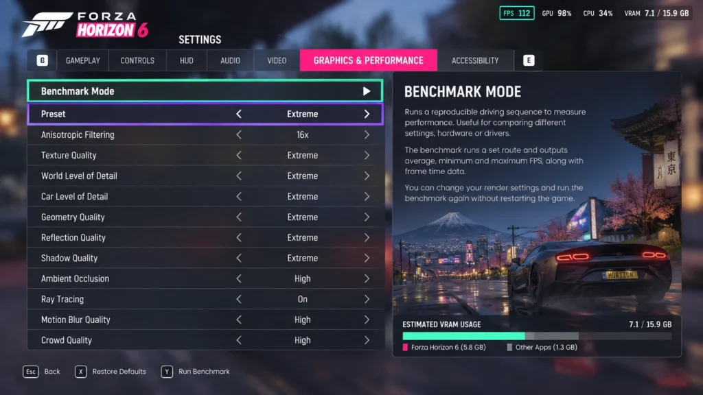 Режим Benchmark Mode и настройки графики Forza Horizon 6