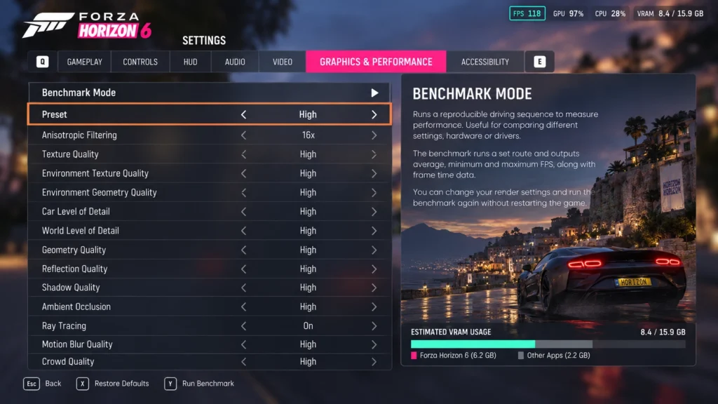 Графические пресеты High и Extreme в настройках Forza Horizon 6