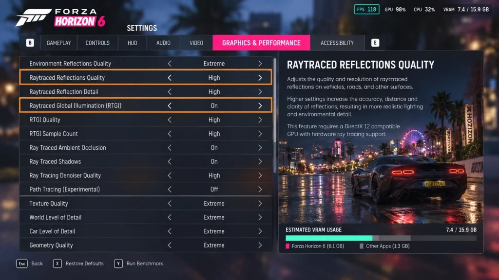 Настройки Ray Tracing, RT-отражений и RTGI в Forza Horizon 6
