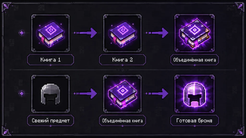 Схема объединения зачарованных книг и брони на наковальне Minecraft