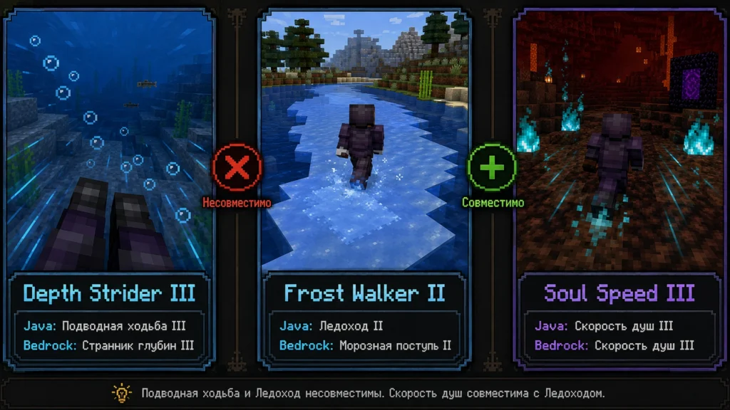 Depth Strider, Frost Walker и Soul Speed на ботинках Minecraft