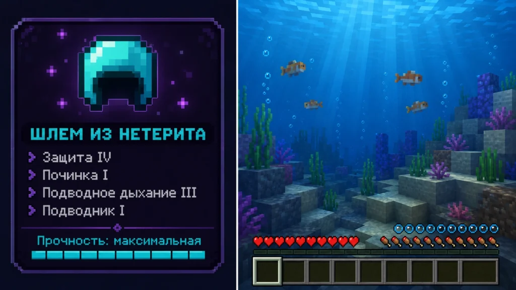 Зачарования шлема для исследования под водой в Minecraft