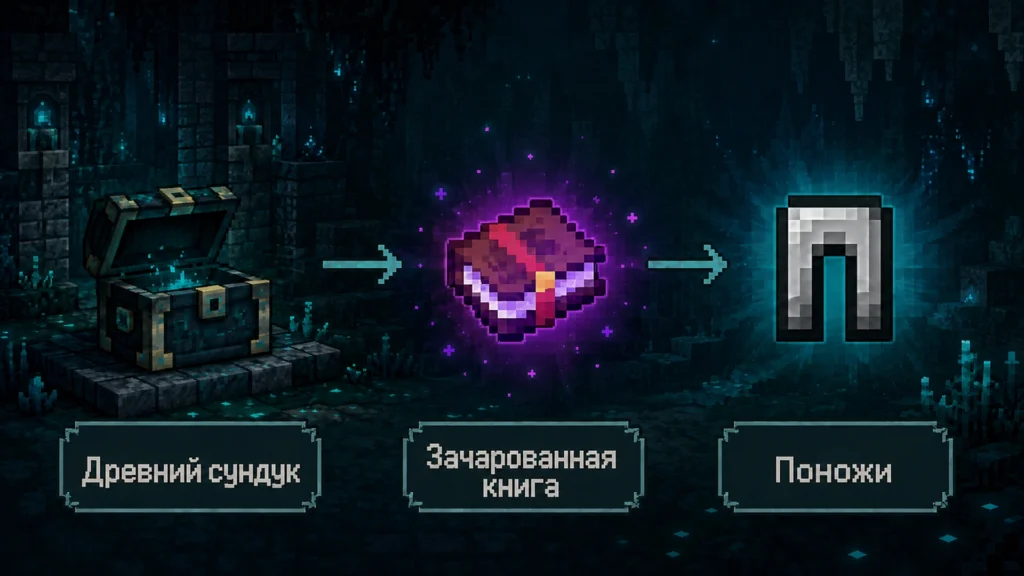 Как получить Swift Sneak III и наложить зачарование на поножи Minecraft