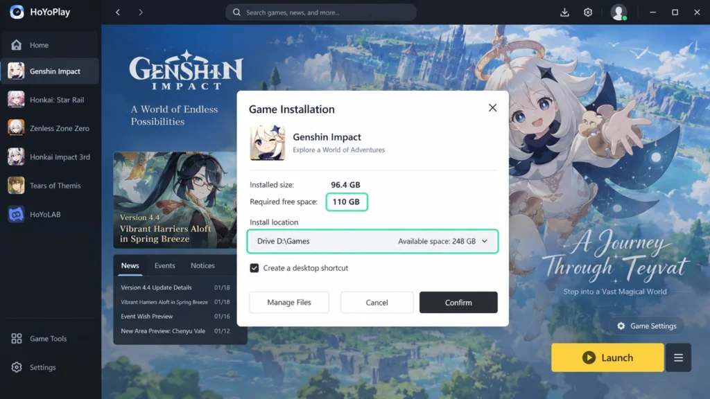 размер Genshin Impact и свободное место в HoYoPlay