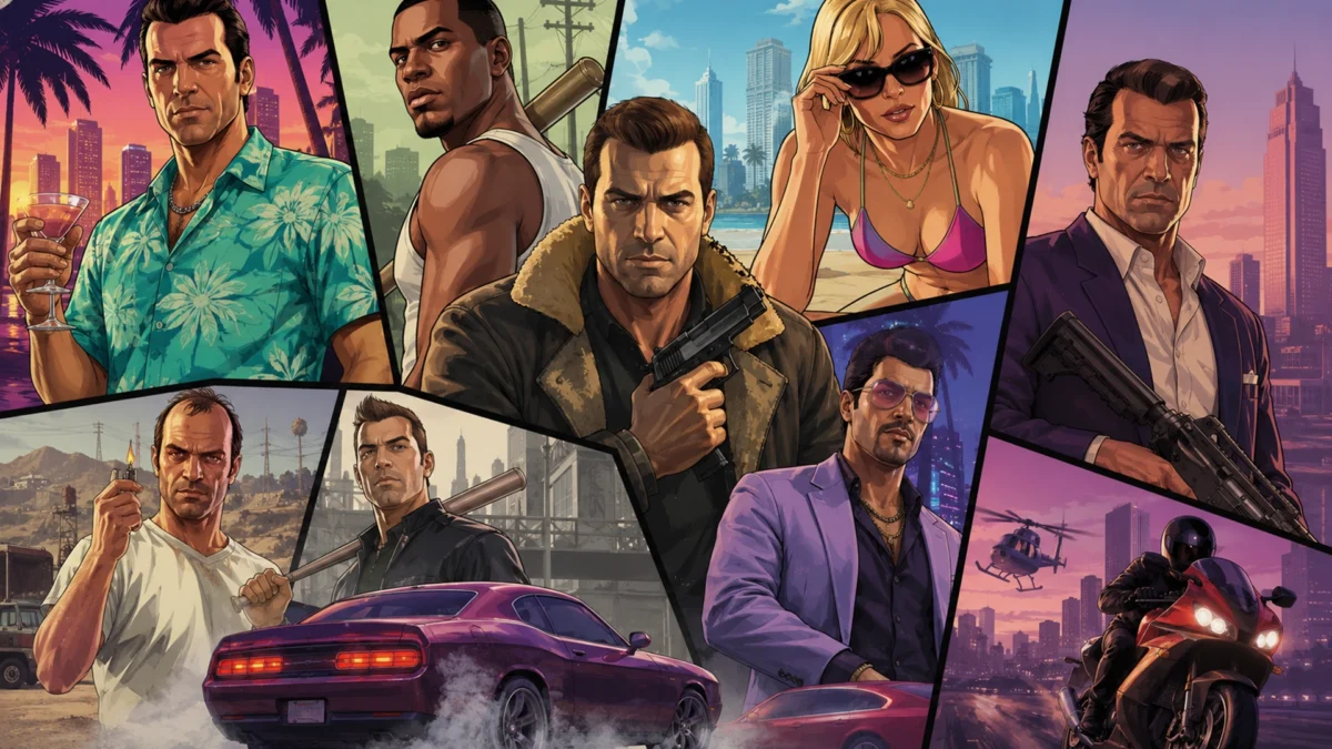 Серия игр Grand Theft Auto — обложка с криминальным мегаполисом и автомобилями