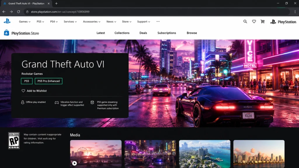 страница Grand Theft Auto VI в PlayStation Store с отметками PS5 и PS5 Pro Enhanced