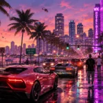 официальный кадр Grand Theft Auto VI с городской сценой в Vice City.