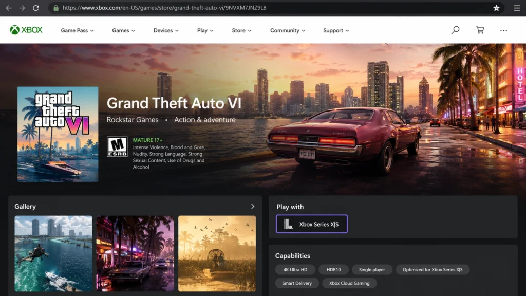 страница Grand Theft Auto VI в Xbox Store с пометкой Xbox Series X|S