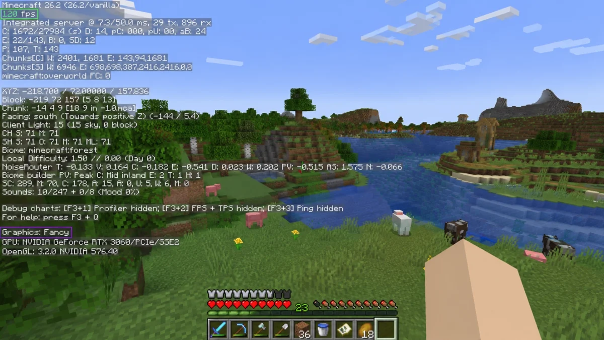 Minecraft Java Edition с открытым миром и счётчиком FPS.