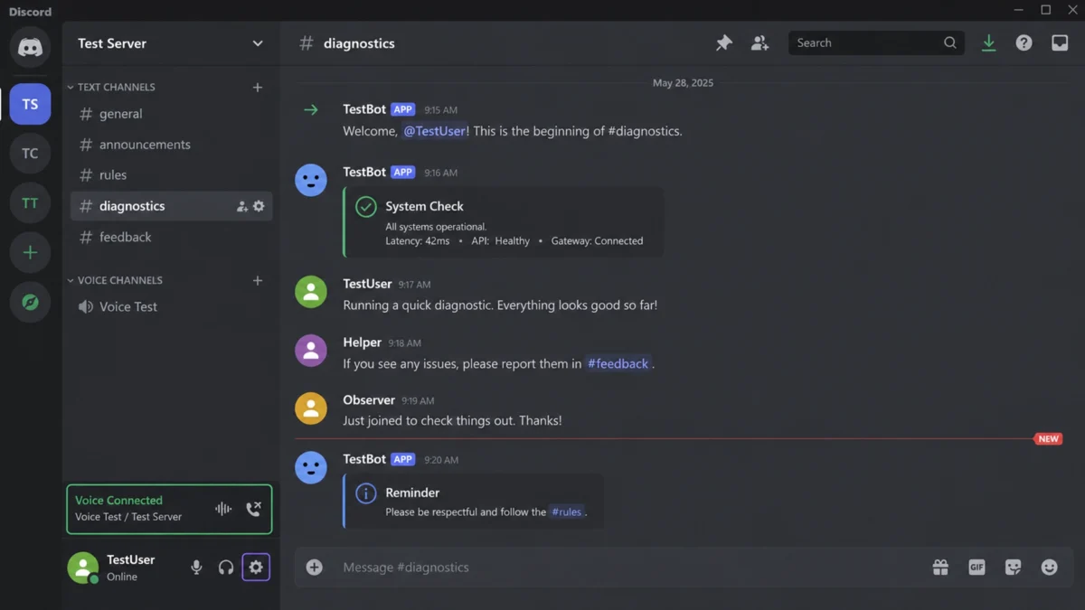 интерфейс Discord Stable с текстовым и голосовым каналами для диагностики подключения.
