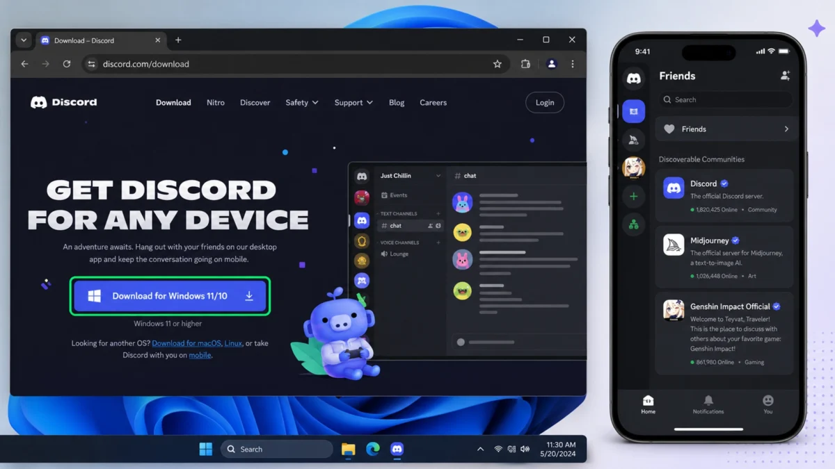 Страница загрузки Discord на компьютере и приложение Discord на телефоне.