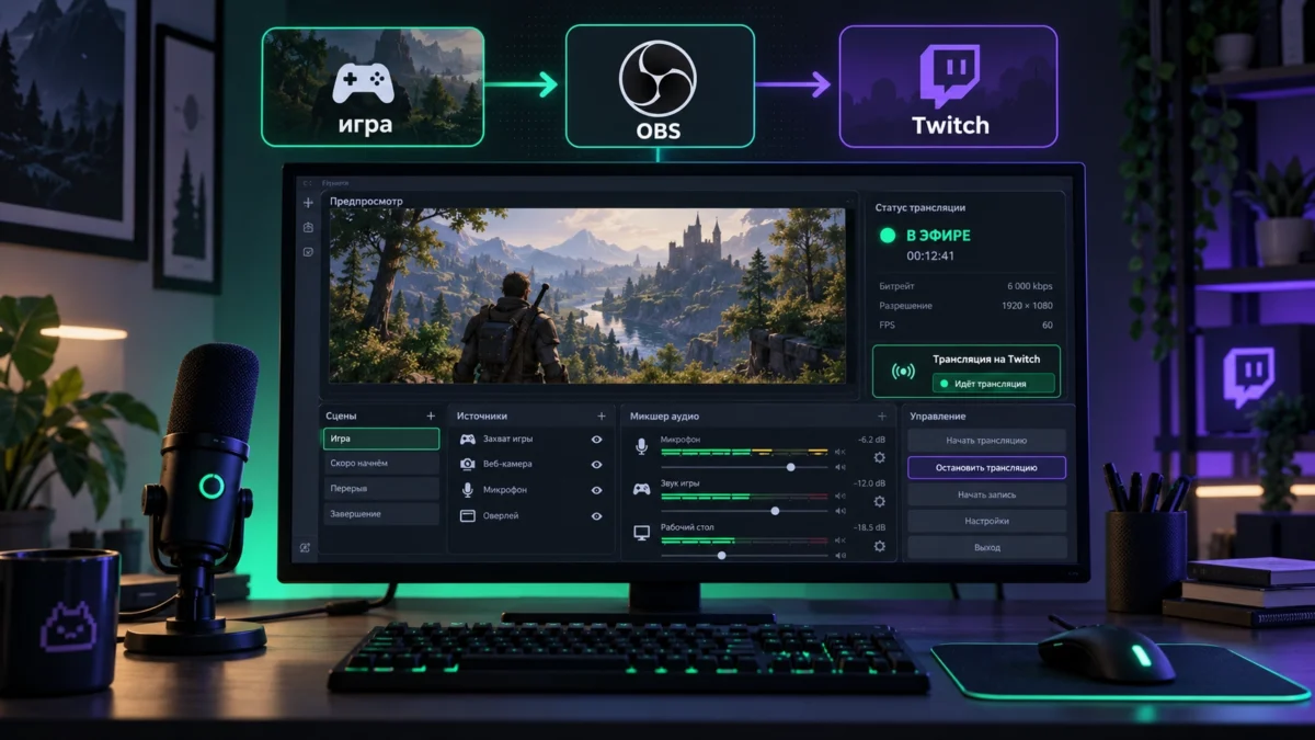 Схема запуска стрима на Twitch через OBS с игрой и микрофоном