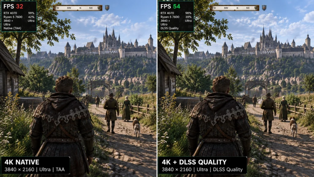сравнение Kingdom Come Deliverance II в 4K без масштабирования и с DLSS Quality