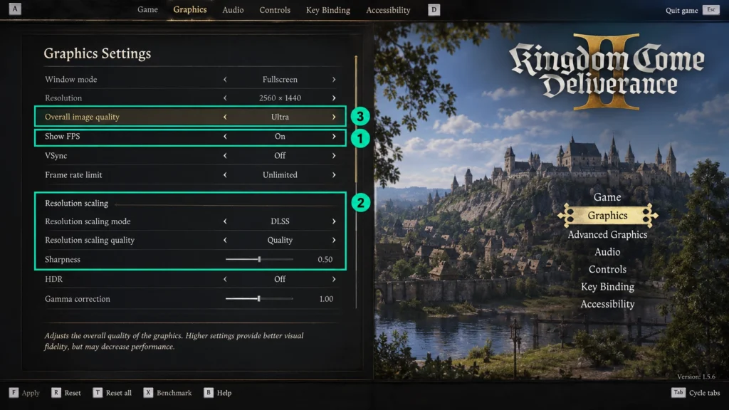 меню графических настроек Kingdom Come Deliverance II со счётчиком FPS и масштабированием