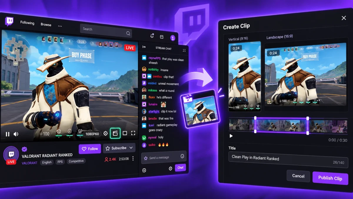 Кнопка Clip на трансляции Twitch и окно создания короткого клипа