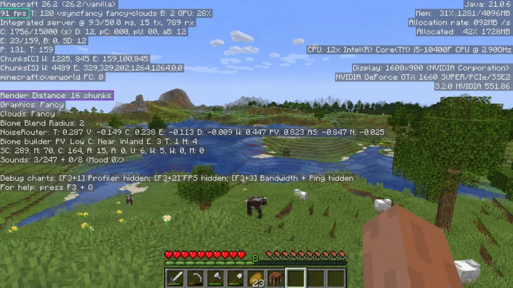 счётчик FPS и отладочная информация F3 в Minecraft Java Edition