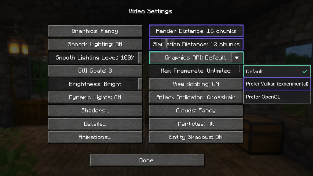 выбор OpenGL или экспериментального Vulkan в настройках Minecraft Java.