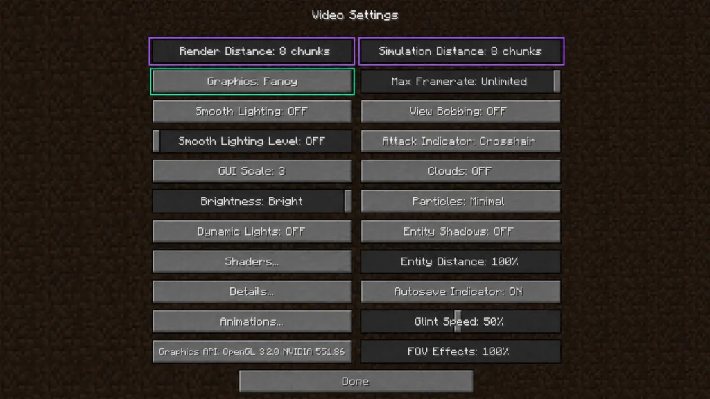 Настройки графики Fancy в Minecraft Java Edition с дальностью прорисовки и симуляции