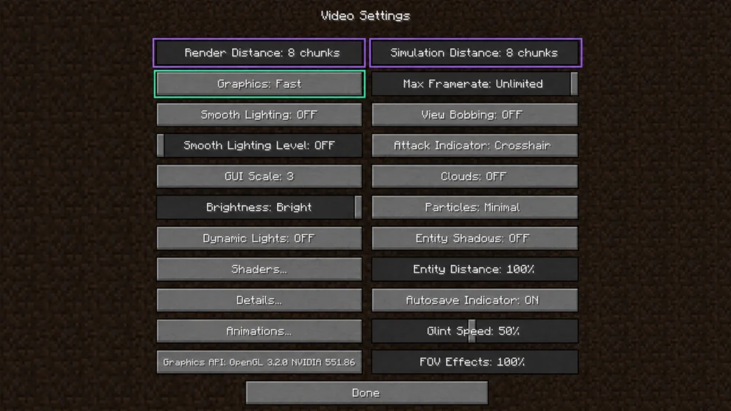 Настройки графики Fast в Minecraft Java Edition с дальностью прорисовки и симуляции