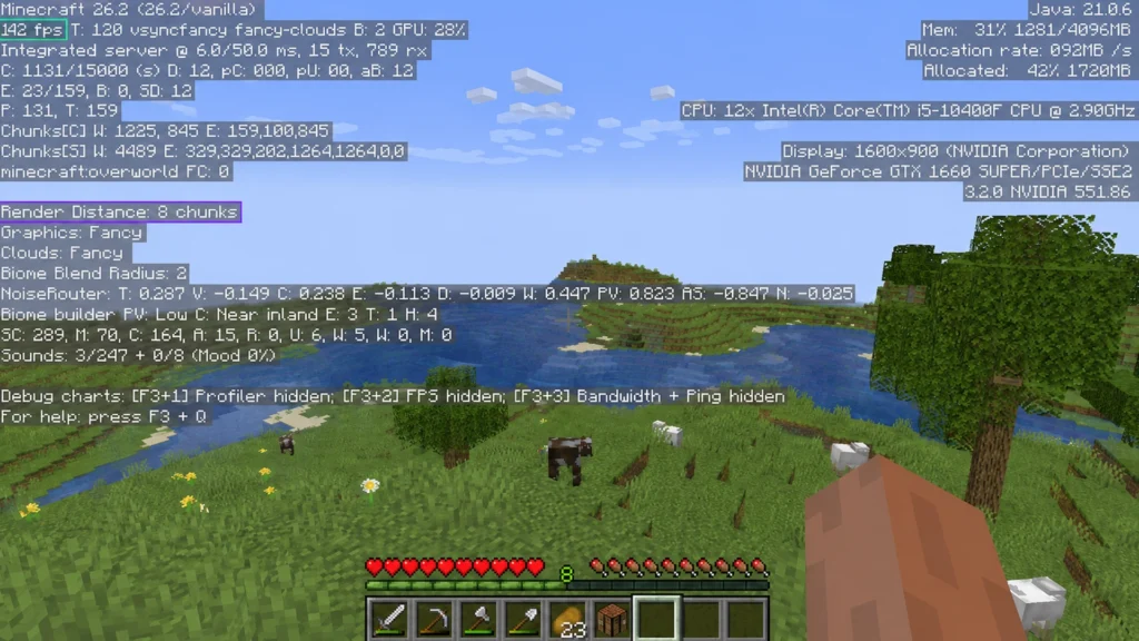 сравнение FPS после изменения Render Distance в Minecraft Java Edition