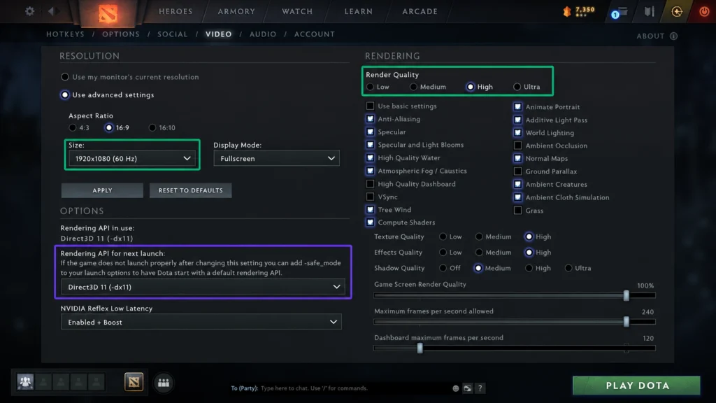 Настройки разрешения и качества графики Dota 2