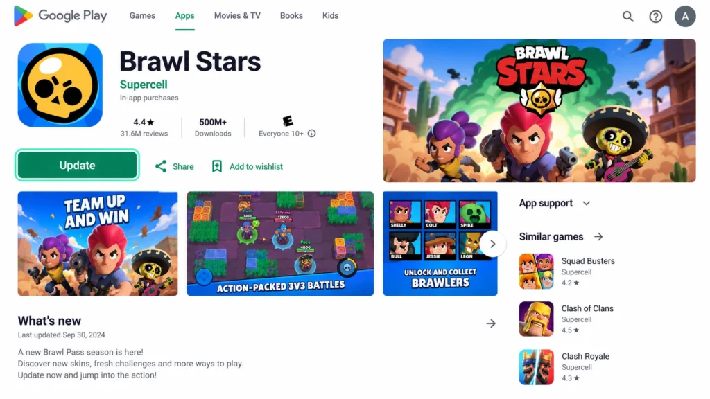 Кнопка обновления Brawl Stars в официальном магазине