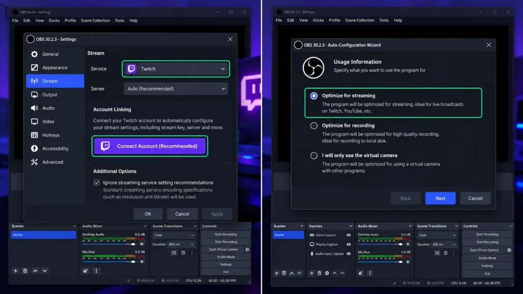 Подключение Twitch к OBS и мастер автоматической настройки