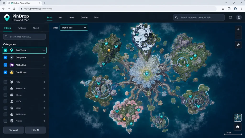 Отдельная интерактивная карта World Tree в Palworld 1.0