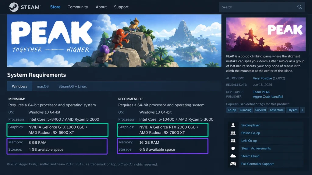 Минимальные и рекомендуемые системные требования PEAK в Steam