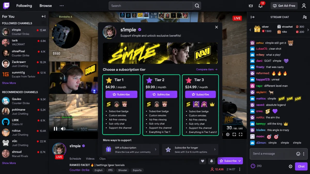 Окно выбора подписки на канал Twitch с уровнями Tier 1, Tier 2 и Tier 3