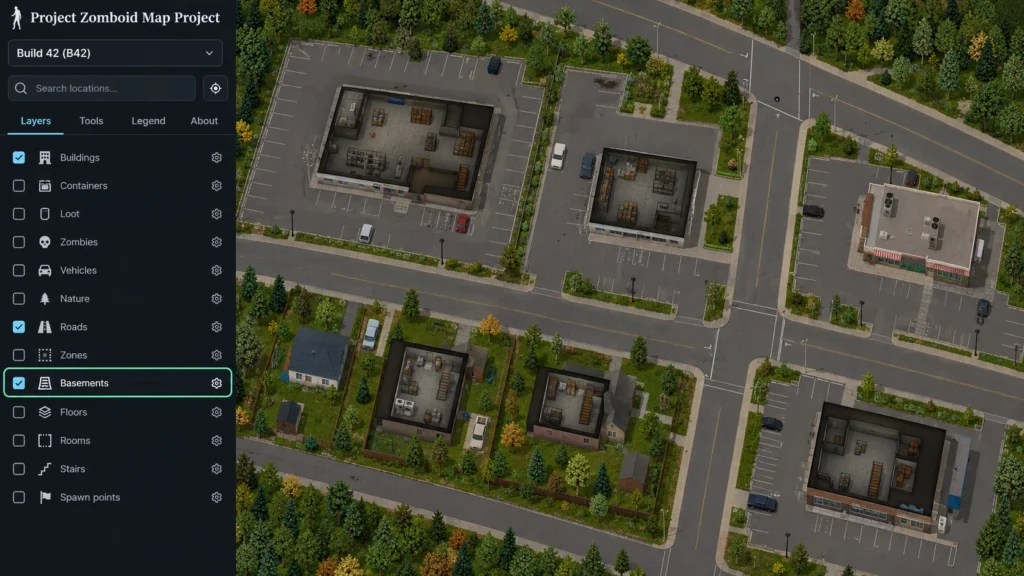 Слой подвалов на интерактивной карте Project Zomboid Build 42
