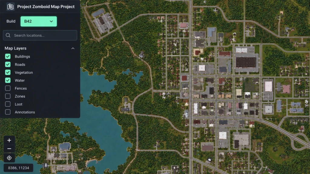 Выбор Build 42 в интерактивной карте Project Zomboid