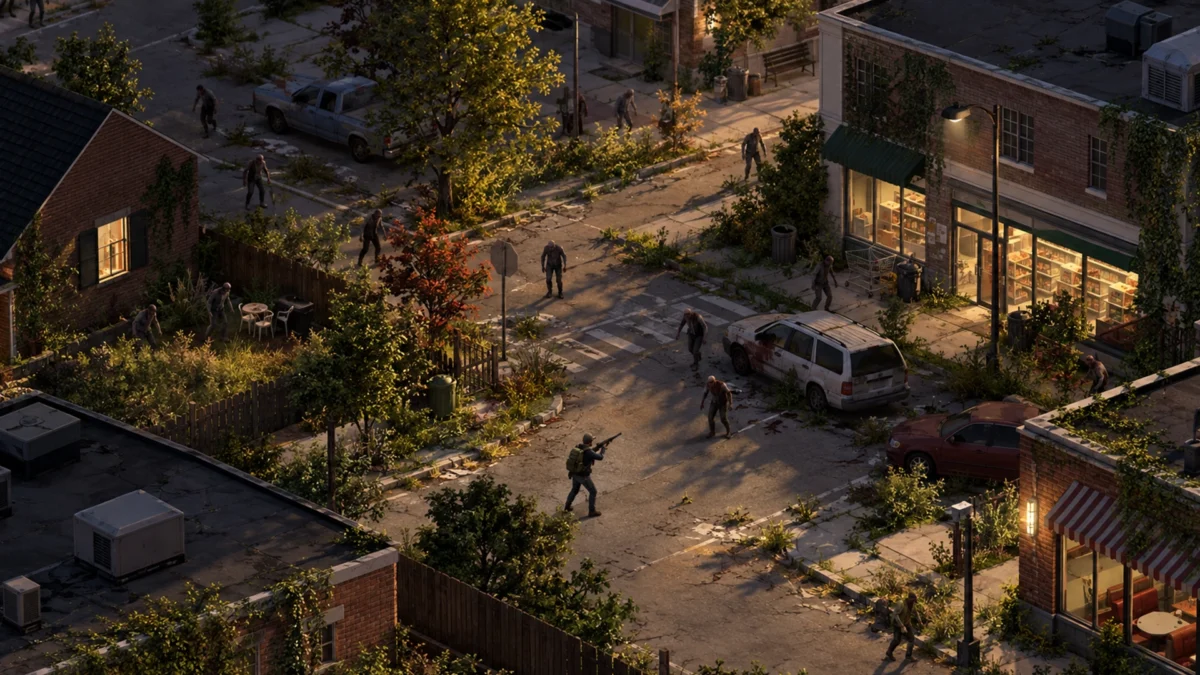 городская сцена Project Zomboid Build 42 с персонажем и зомби