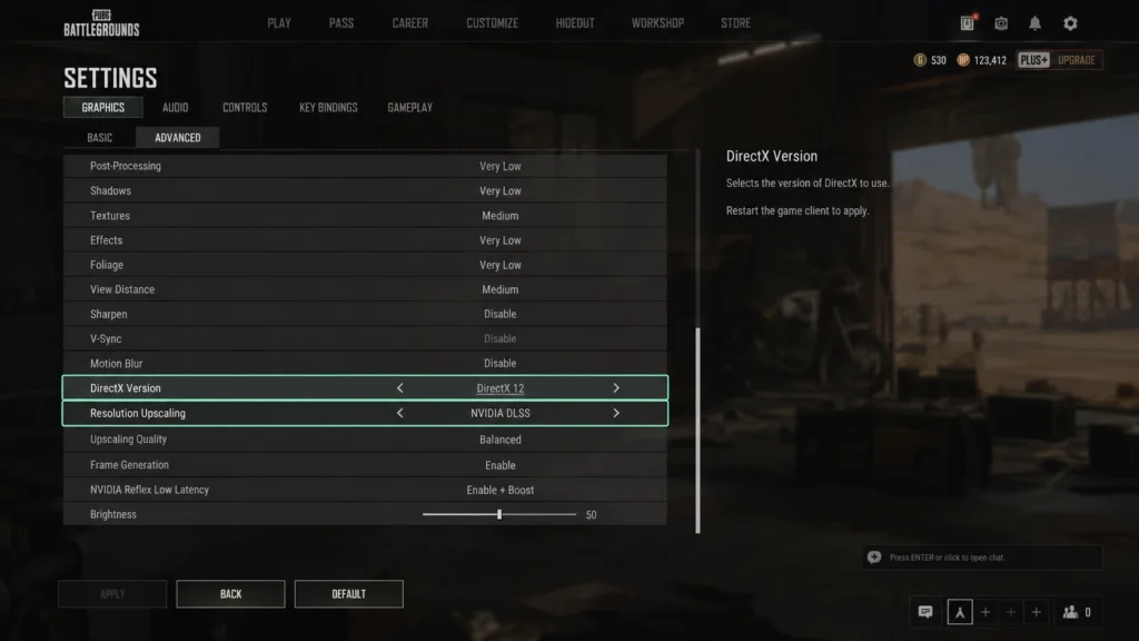 Настройки DirectX и апскейлинга DLSS в PUBG