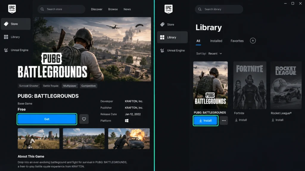 Бесплатная PUBG: Battlegrounds в Epic Games Store и установка из библиотеки