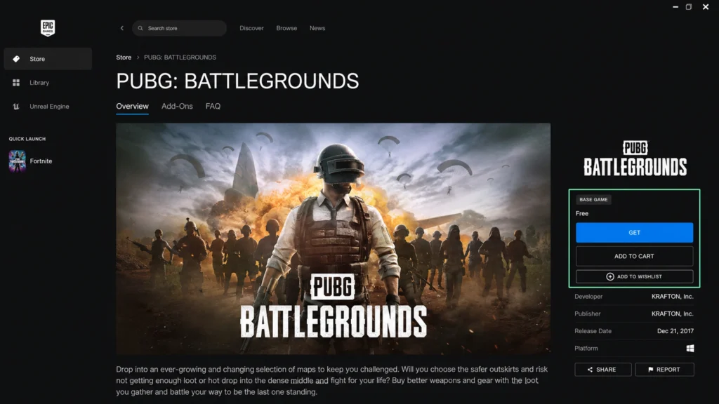 страница PUBG: Battlegrounds в Epic Games Store с отметкой Free и кнопкой Get