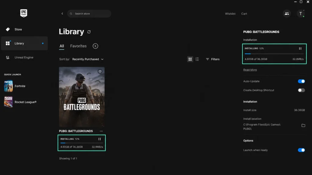 библиотека Epic Games Launcher с установкой PUBG: Battlegrounds
