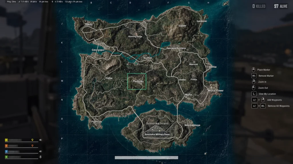 полная карта Erangel в интерфейсе PUBG с выделенным Pochinki