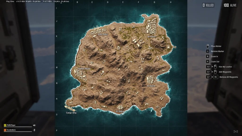 полная карта Karakin 2×2 в интерфейсе PUBG
