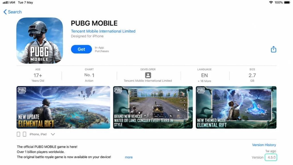 официальная страница PUBG Mobile в App Store с номером актуальной версии