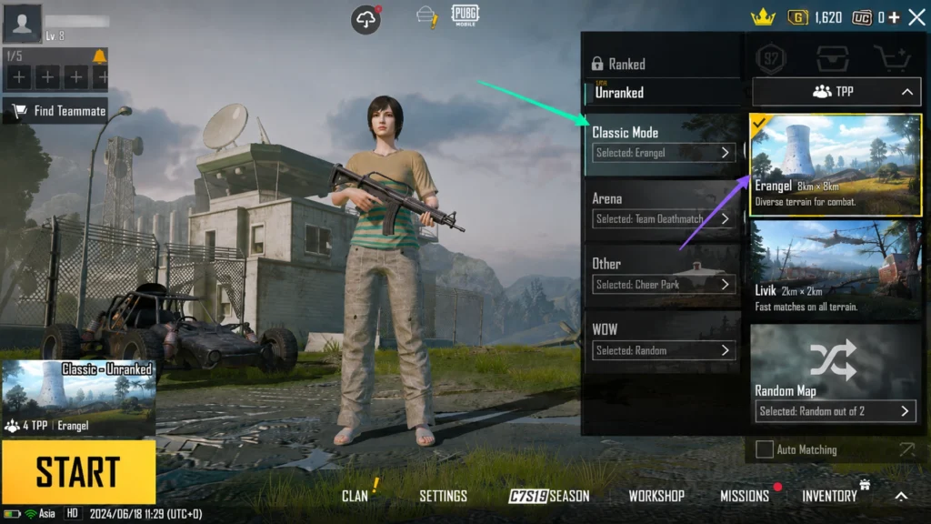 Выбор Classic Mode в лобби PUBG Mobile.