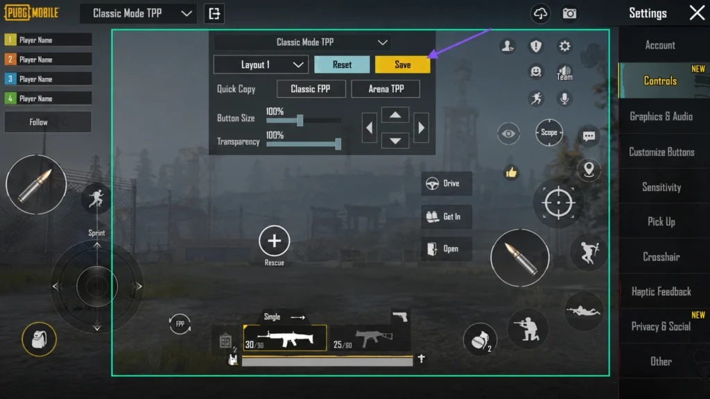 Редактор экранных кнопок управления в PUBG Mobile.