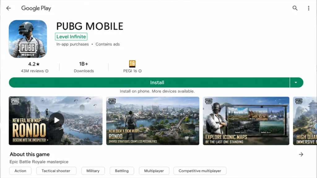 официальная страница PUBG Mobile от Level Infinite в Google Play