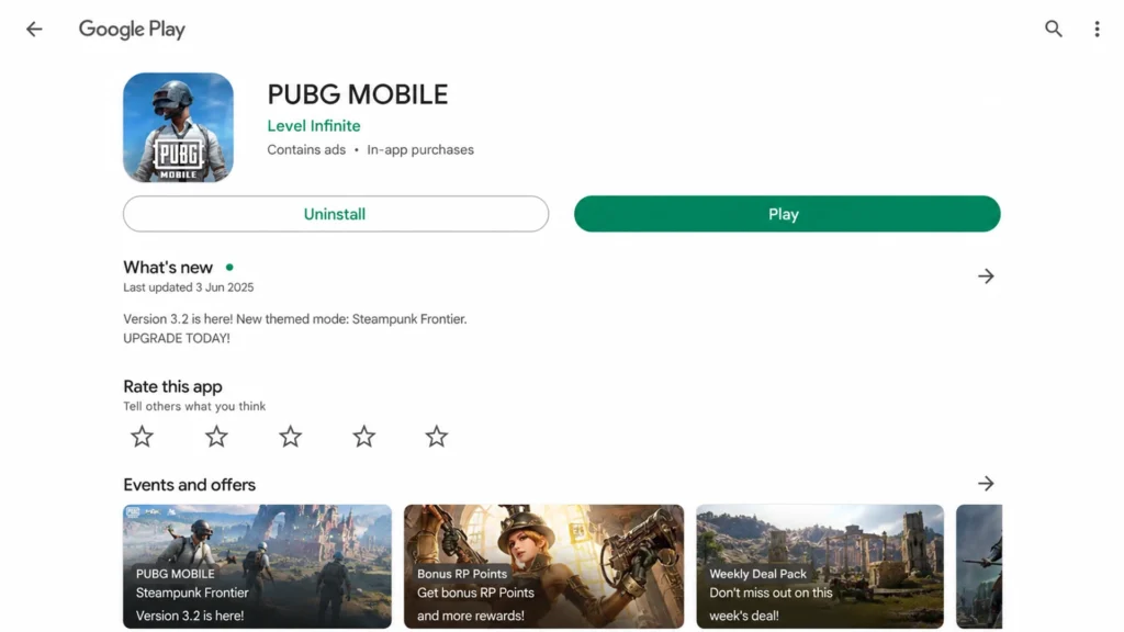 установленная PUBG Mobile в Google Play с кнопкой запуска