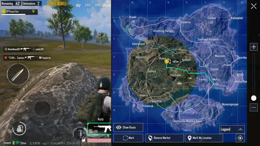 Безопасная зона и маршрут игрока в матче PUBG Mobile.