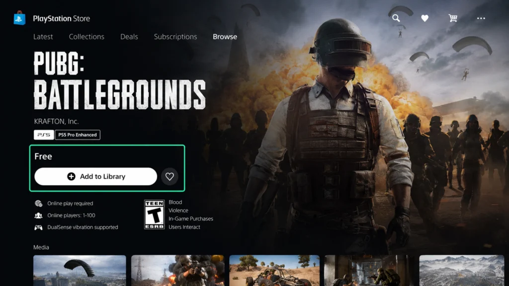страница PUBG: Battlegrounds в PlayStation Store с отметками PS5 и Free