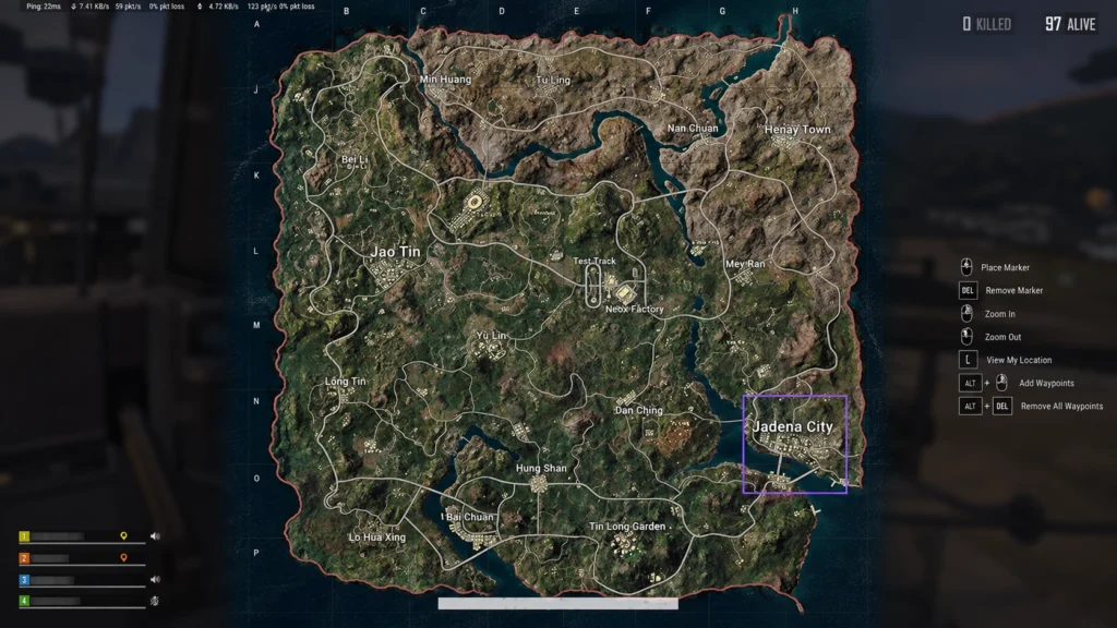 полная карта Rondo в интерфейсе PUBG с выделенным Jadena City